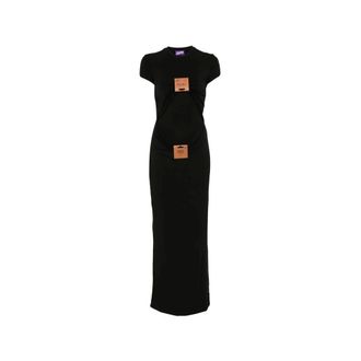 Jean Paul Gaultier Kleedjes, Dames, Zwart, S, Stretch Viscose Jersey Lange Jurk Met Leren Label Detail
