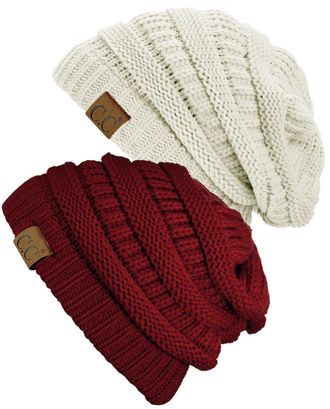 C.C Trendy Warm Chunky Soft Stretch Cable Knit Beanie Skully, 2 Pack, Burgundy/Ivory, One Size