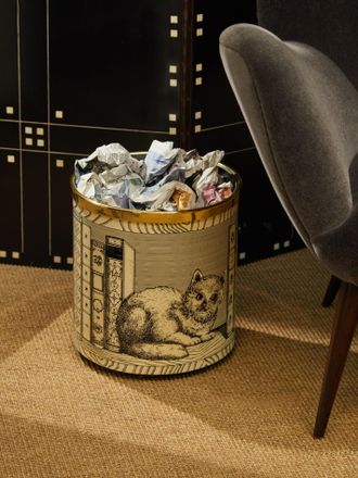 Fornasetti Gatto con Libri Hand-Painted Waste Paper Basket