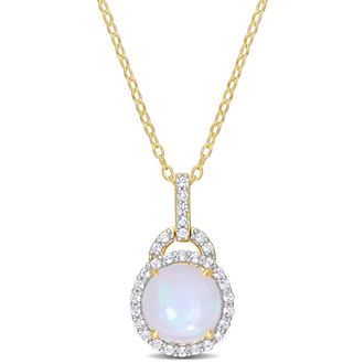 Amour 3 1/4 CT TGW Blue Ethiopian Opal and White Topaz Halo Pendant with Chain In Yellow Plated Sterling Silver