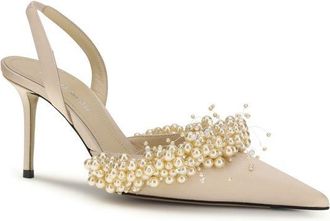 Mach & Mach Womens Pearl-Embellished Silk Slingback Heel Beige Leather Lining