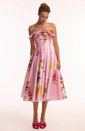 Milla Fit-and-Flare Satin Floral Midi Dress for Cocktail Events in Pink Floral at Nordstrom, Size 10