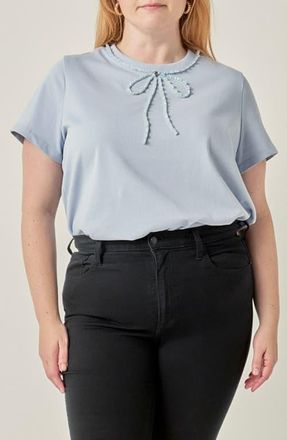 English Factory Beaded Bow T-Shirt in Slate Blue at Nordstrom, Size 2X