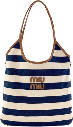 Miu Miu Brown Navy White Canvas Leather Tote Bag (Pre-Owned)