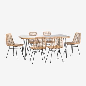 Sklum Sklum - Set De Mesa Rectangular En Mimbre Sint&eacute;tico (180x90 Cm) Leribert Y 6 Sillas De Comedor En Rat&aacute;n Sint&eacute;tico Gouda Natural