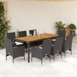 vidaXL Set De Comedor Jard&iacute;n 9 Pzas Con Cojines Rat&aacute;n Pe Acacia Negro Vidaxl