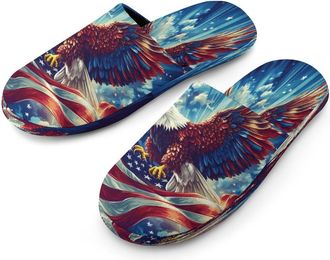 Generic U.S. Flag Ea-gles Flying Mens Cotton Slippers Memory Foam Comfort House Shoes Winter Indoor Slipper for Hotel Casa Spa