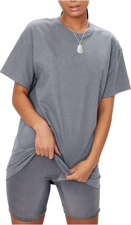 Janisramone Womens Ladies New Plain Baggy Longline T-Shirt PJ Dress Cycling Shorts 2 Pcs Set Summer Lounge Wear Grey