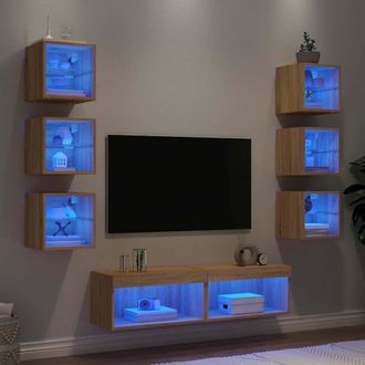 vidaXL Vidaxl - Muebles Tv Pared Con Led 8 Pzas Madera Ingenier&iacute;a Roble Sonoma