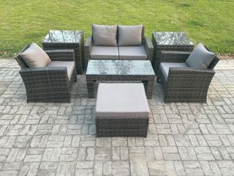 Fimous 5 Seater Outdoor Rattan Garden Furniture Set Patio Lounge Sofa Set with Coffee Table Side Tables Big Footstool Dark Grey Mixed
