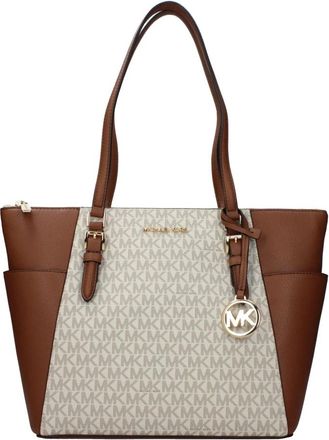 Michael Kors Charlotte Grote Tote Bag met Logo en Rits aan de Bovenkant van Leer - Dames - Shoppers - Beige - ONE Size - Leer - Tassen