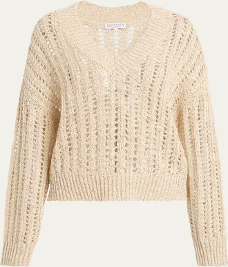 Brunello Cucinelli V-Neck Paillette Open-Weave Knit Sweater
