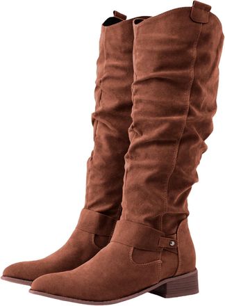 Generic Knee High Boots Women Suede Wide Calf Western Cowgirl Boots Side Zipper Retro Chunky Low Heel Booties Round Toe Outdoor Shoes (Dark Brown,5.5)
