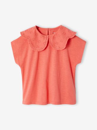 Vertbaudet M&auml;dchen T-Shirt mit besticktem Kragen, personalisierbar koralle