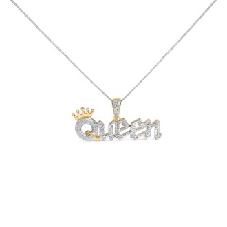 House of Brilliance 14K Yellow Gold Plated Sterling Silver 1/10 Cttw Diamond Queen Nameplate Pendant Necklace