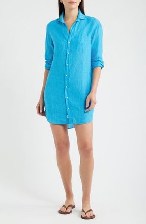 Frank & Eileen Mary Classic Long Sleeve Linen Shirtdress in Turquoise Linen at Nordstrom, Size X-Large
