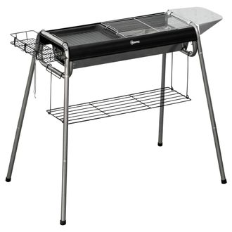 OUTSUNNY Barbacoa De Carb&oacute;n Con Parrilla De Acero Inoxidable, Especiero Y Estante De Almacenamiento, 107 X 63 X 75 Cm, Negra