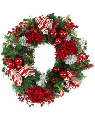 Creative Displays Inc. Handmade 26In Holiday Wreath With Hydrangeas, Ornaments & Striped Ribbon