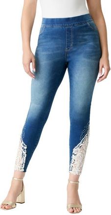 Roaman's Plus Size 360&deg; Stretch Lace Applique Jean in Medium Stonewash Lace at Nordstrom, Size 32