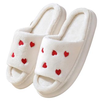 Generic Slippers Women Cozy Couples Footwear For Indoor Outdoor Warm Flat Shoes With Heart Design For Winter Valentines Day Cozy House Slippers For Women(Whit