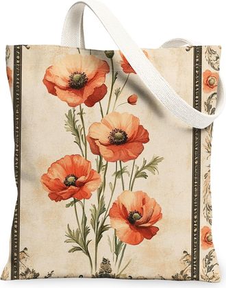Generic Spring Aesthetic Poppy Canvas Tote Bag for Shopping 13x15, Vintage Retro Floral Reusable Grocery Print Pattern Bag for Women, Abstract Flower Beach Ae