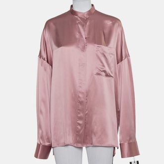 Haider Ackermann Pink Silk Satin Stand Collar Drop Shoulder Detail Dali Shirt