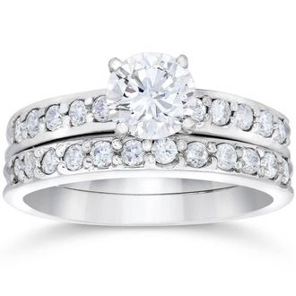 Pompeii3 1 Carat Diamond Engagement Ring Matching Wedding Band Prong Set 14K White Gold Size Selectable