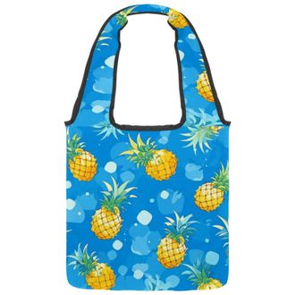 Generic Tropical Pineapple Fruit Reversible Canvas Shoulder Tote - Double-Sided Print, 12oz Cotton, 27cm Drop, Fold-Flat Bag for Travel, Shopping, Street Outi