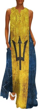 Generic Vintage Aged and Scratched Barbados Flag Trendy Long Maxi Dress for Women Sleeveless Lightweight Flowy Summer Dresses XL