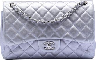 Chanel Pre-owned Womens Jumbo Classic Metallic Lambskin Double Flap - Silver Leather - One Size