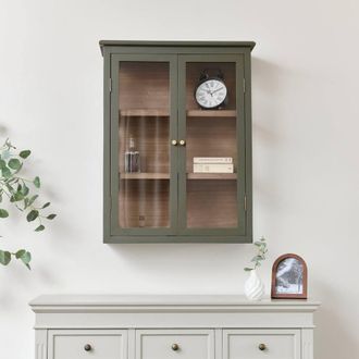 Melody Maison Khaki Green & Wood Wall Cabinet With Clear Glass Front 70cm X 90cm | Size: 70 cm X 90 cm