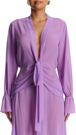 Naked Wardrobe Plunge Tie Front Chiffon Top in Violet at Nordstrom Rack, Size Medium