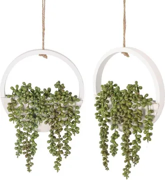 OEM Planta Suculenta Artificial - 20 Cm - Maceta De Madera - Suspensi&oacute;n Pared Techo Ventana - Blanco - 2 Unidades