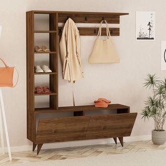 Dmora Mueble De Entrada Gordona, Perchero, 6 Estantes, Apertura Abatible, 120x32x162h Cm Marr&oacute;n Nogal