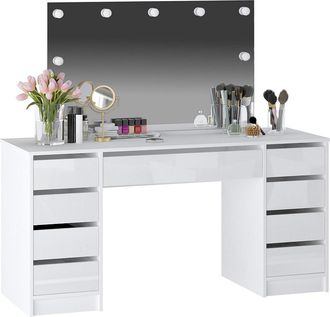 Vente-Unique Tocador doble con espejo con LEDs - 9 cajones - Blaco brillante - JENEMI