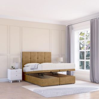 Sloomy Jasmine Plush Fabric Ottoman Bed End Opening With Sprung Memory Mattress & 26 Inch strut Headboard in Light Brown | Size: Small Single