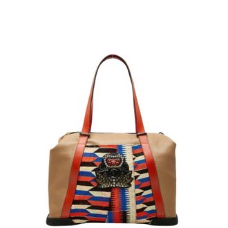 Christian Louboutin Beige Multi-Color Orange Leather Canvas Rubber Boston Bag Tote Bag (Pre-Owned)