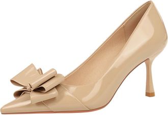 Generic Women Pointed Toe Stiletto High Heels 6.5CM Bow Patent Leather Sexy Pumps Wedding Evening Party (Khaki 2,6.5)