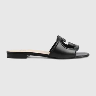 Gucci Womens Slide Sandal With Interlocking G, Black, Leather