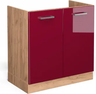 Vicco Armario Bajo Para Fregadero R-line, Rojo Burdeos Alto Brillo, 80 Cm Sin Encimera, Vicco