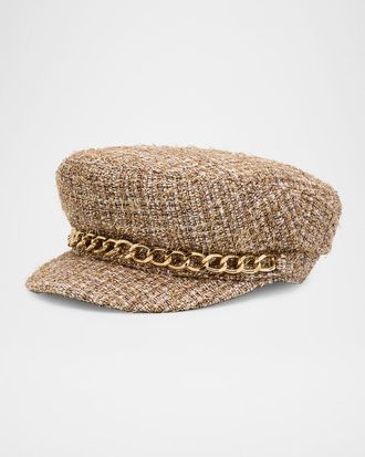 Eugenia Kim Marina Chain-Embellished Tweed Newsboy Cap