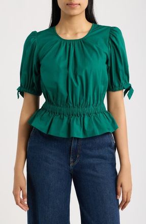 CeCe by Cynthia Steffe Balloon Sleeve Cotton Poplin Top in Deep Spruce at Nordstrom, Size X-Small