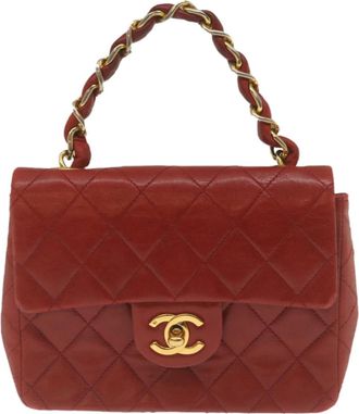 Chanel Vintage Square Chain Handle Flap Bag Quilted Lambskin Red Leather Handbag (Pre-Owned)