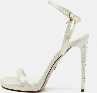 Loriblu White Satin Crystal Embellished Heel Ankle Strap Sandals