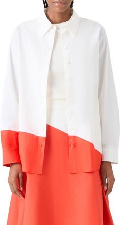 Akris Polygon Cotton Popling Button-Up Shirt in Ecru Vermillion at Nordstrom, Size 12