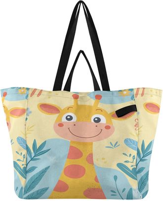 Generic Giraffe Plants Yellow pattern Reusable Canvas Tote Bag, Heavy Duty Grocery Shopping Bag with Large Capacity Double Handles Hard Bottom Work Groceries 