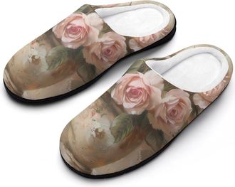 Generic Vintage Roses Flowers Mens Slippers Slip On Comfortable Fleece Cotton House Shoes Winter