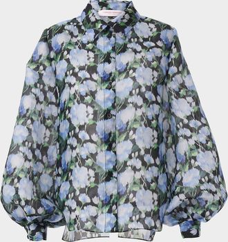 Carolina Herrera Floral Silk Puff-Sleeve Button-Down Shirt