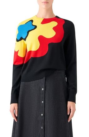 Akris Abstract Floral Intarsia Virgin Wool Sweater in Black-Multicolor at Nordstrom, Size 14