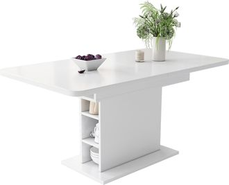 STILVORA Mesa De Comedor Extensible Con Almacenaje Y Columna Central, En Tablero De Part&iacute;culas Y Metal, Blanco